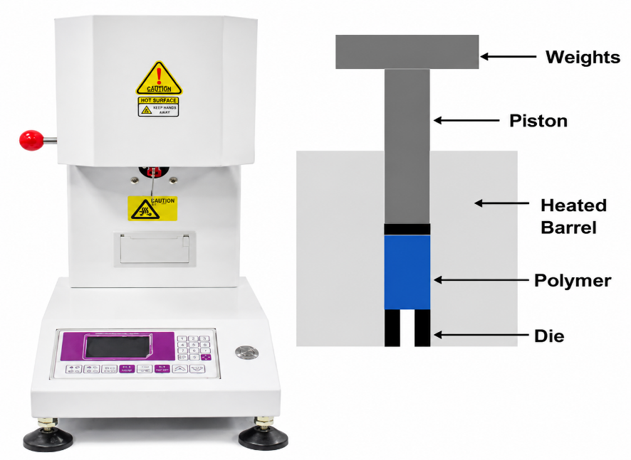 A benchtop melt flow indexer alongside a simplified cutaway showing the weights, piston, heated barrel, polymer charge, and die, the essential components common to virtually every MFI instrument.